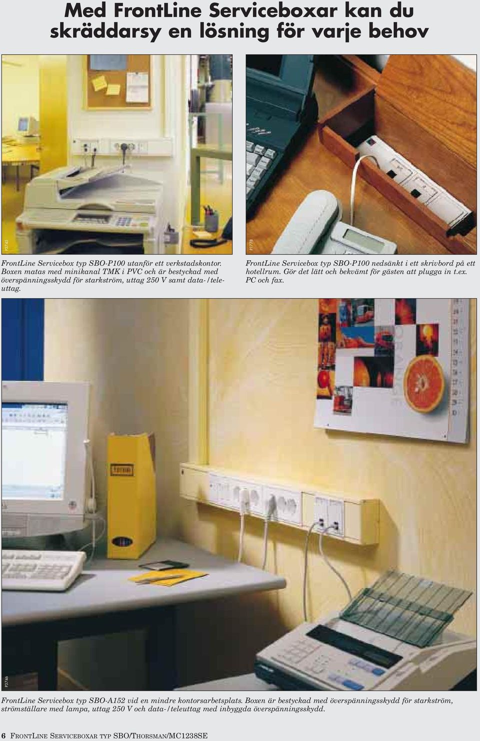 FrontLine Servicebox typ SBO-P100 nedsänkt i ett skrivbord på ett hotellrum. Gör det lätt och bekvämt för gästen att plugga in t.ex. PC och fax.
