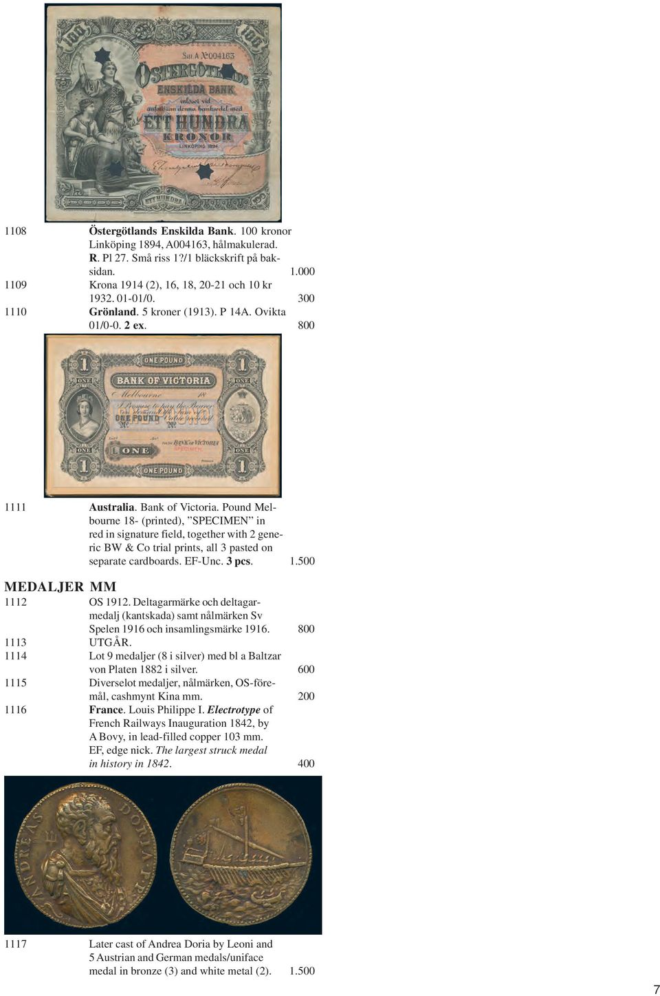 Pound Melbourne 18- (printed), SPECIMEN in red in signature field, together with 2 generic BW & Co trial prints, all 3 pasted on separate cardboards. EF-Unc. 3 pcs. 1.500 MEDALJER MM 1112 OS 1912.