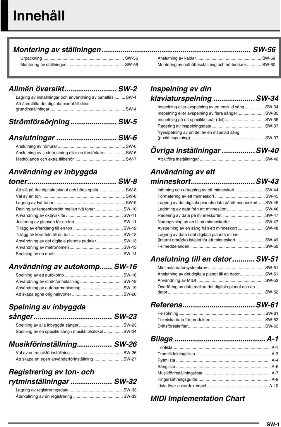 .. SW-6 Anslutning av hörlurar... SW-6 Anslutning av ljudutrustning eller en förstärkare... SW-6 Medföljande och extra tillbehör... SW-7 Användning av inbyggda toner.