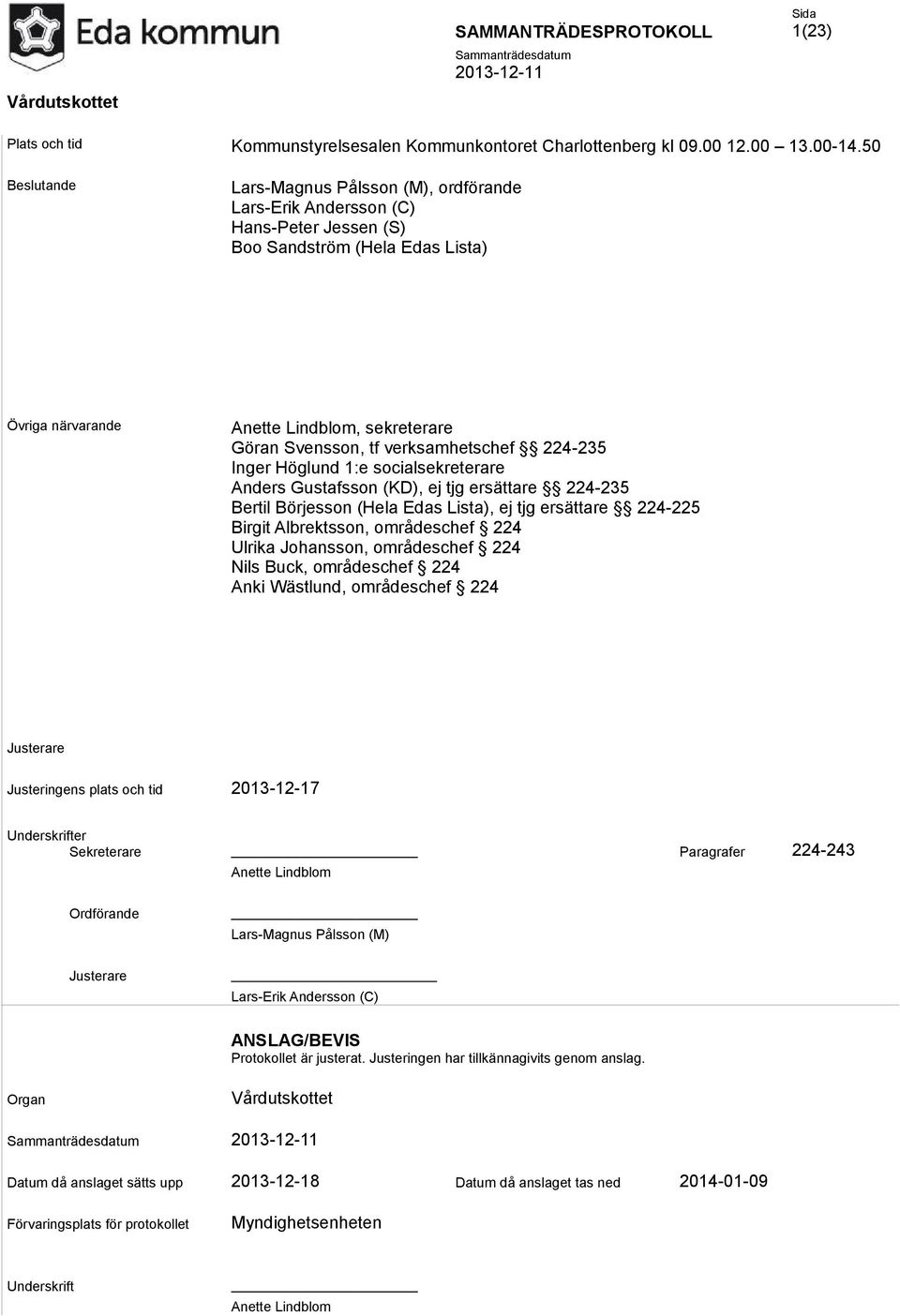 verksamhetschef 224-235 Inger Höglund 1:e socialsekreterare Anders Gustafsson (KD), ej tjg ersättare 224-235 Bertil Börjesson (Hela Edas Lista), ej tjg ersättare 224-225 Birgit Albrektsson,