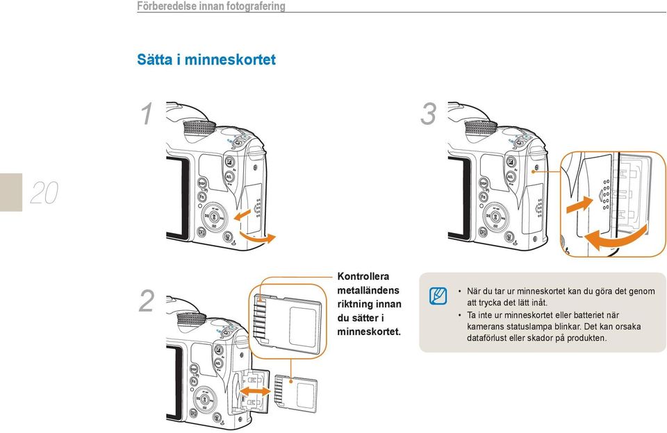 När du tar ur minneskortet kan du göra det genom att trycka det lätt inåt.