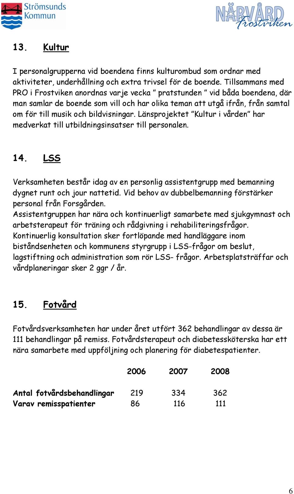 bildvisningar. Länsprojektet Kultur i vården har medverkat till utbildningsinsatser till personalen. 14.