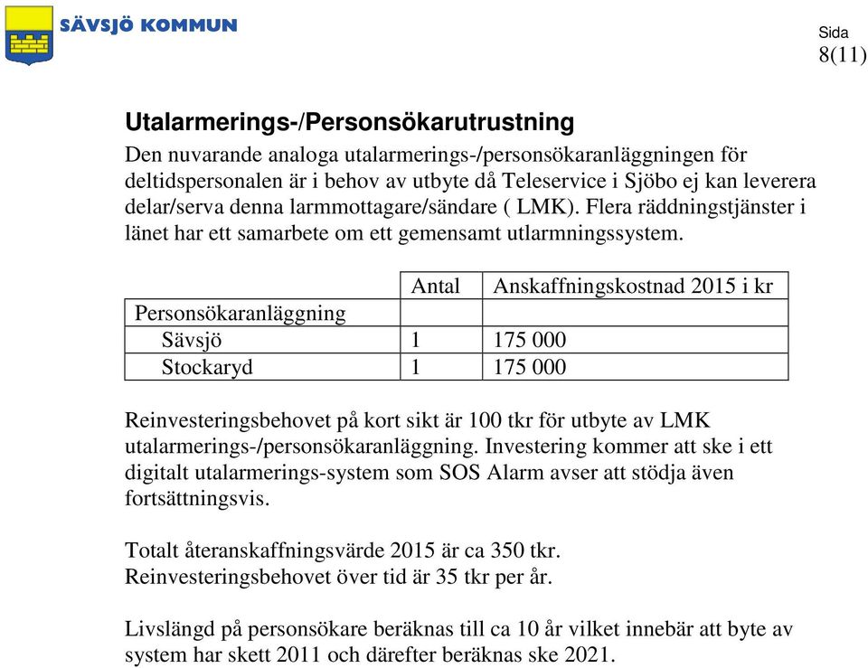 Antal Anskaffningskostnad 2015 i kr Personsökaranläggning Sävsjö 1 175 000 Stockaryd 1 175 000 Reinvesteringsbehovet på kort sikt är 100 tkr för utbyte av LMK utalarmerings-/personsökaranläggning.