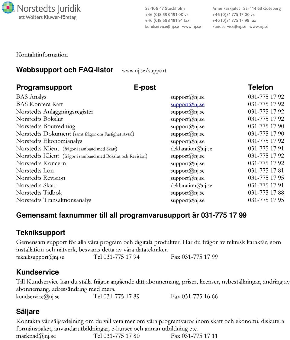 se 031-775 17 90 Norstedts Dokument (samt frågor om Fastighet Avtal) support@nj.se 031-775 17 90 Norstedts Ekonomianalys support@nj.