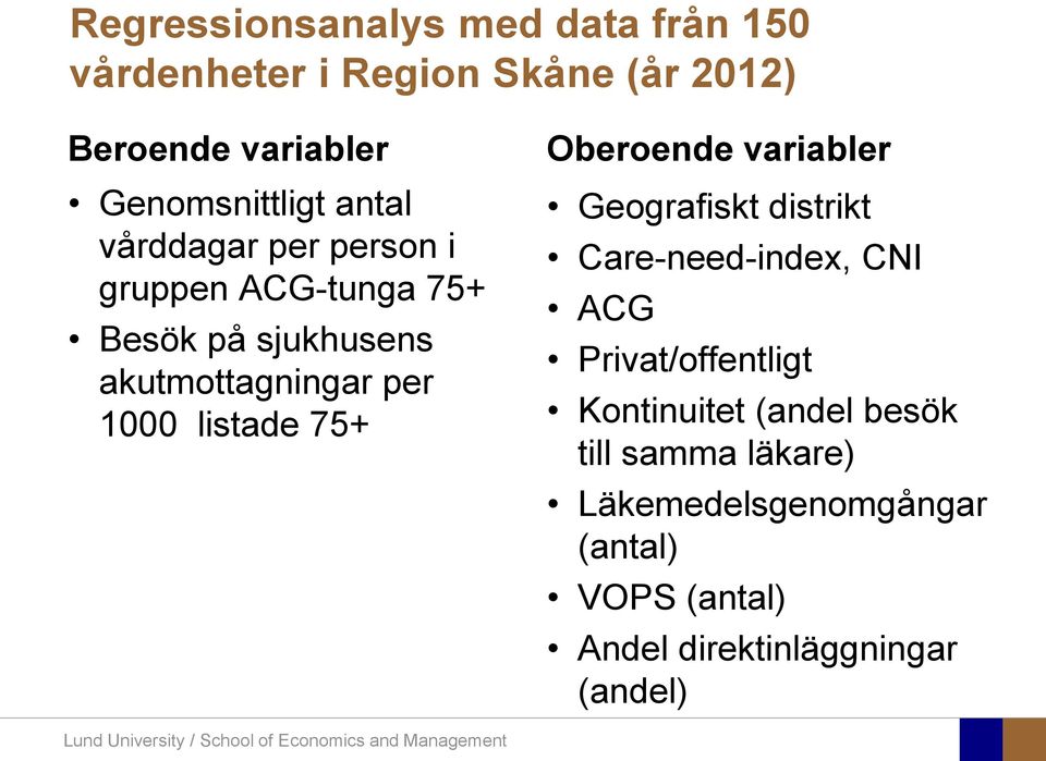 per 1000 listade 75+ Oberoende variabler Geografiskt distrikt Care-need-index, CNI ACG Privat/offentligt