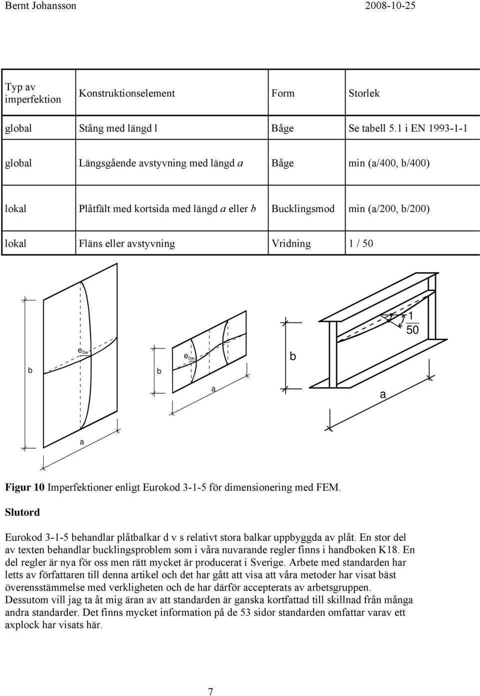 Imperfektioner enligt Eurokod --5 för dimensionering med EM. Slutord Eurokod --5 ehndlr plåtlkr d v s reltivt stor lkr uppyggd v plåt.