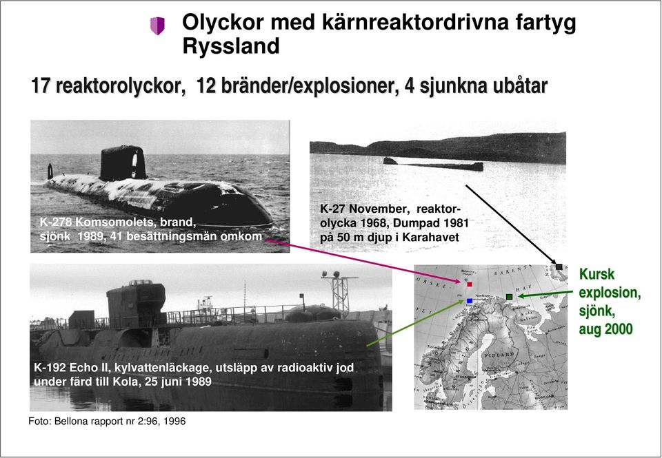 1968, Dumpad 1981 på 50 m djup i Karahavet Kursk explosion, sjönk, aug 2000 K-192 Echo II,