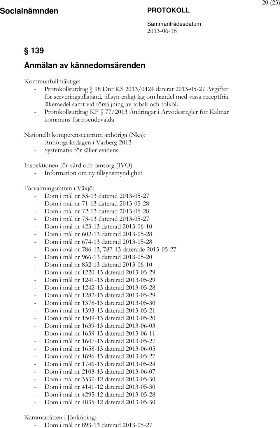 - Protokollsutdrag KF 77/2013 Ändringar i Arvodesregler för Kalmar kommuns förtroendevalda Nationellt kompetenscentrum anhöriga (Nka): - Anhörigriksdagen i Varberg 2013 - Systematik för säker evidens