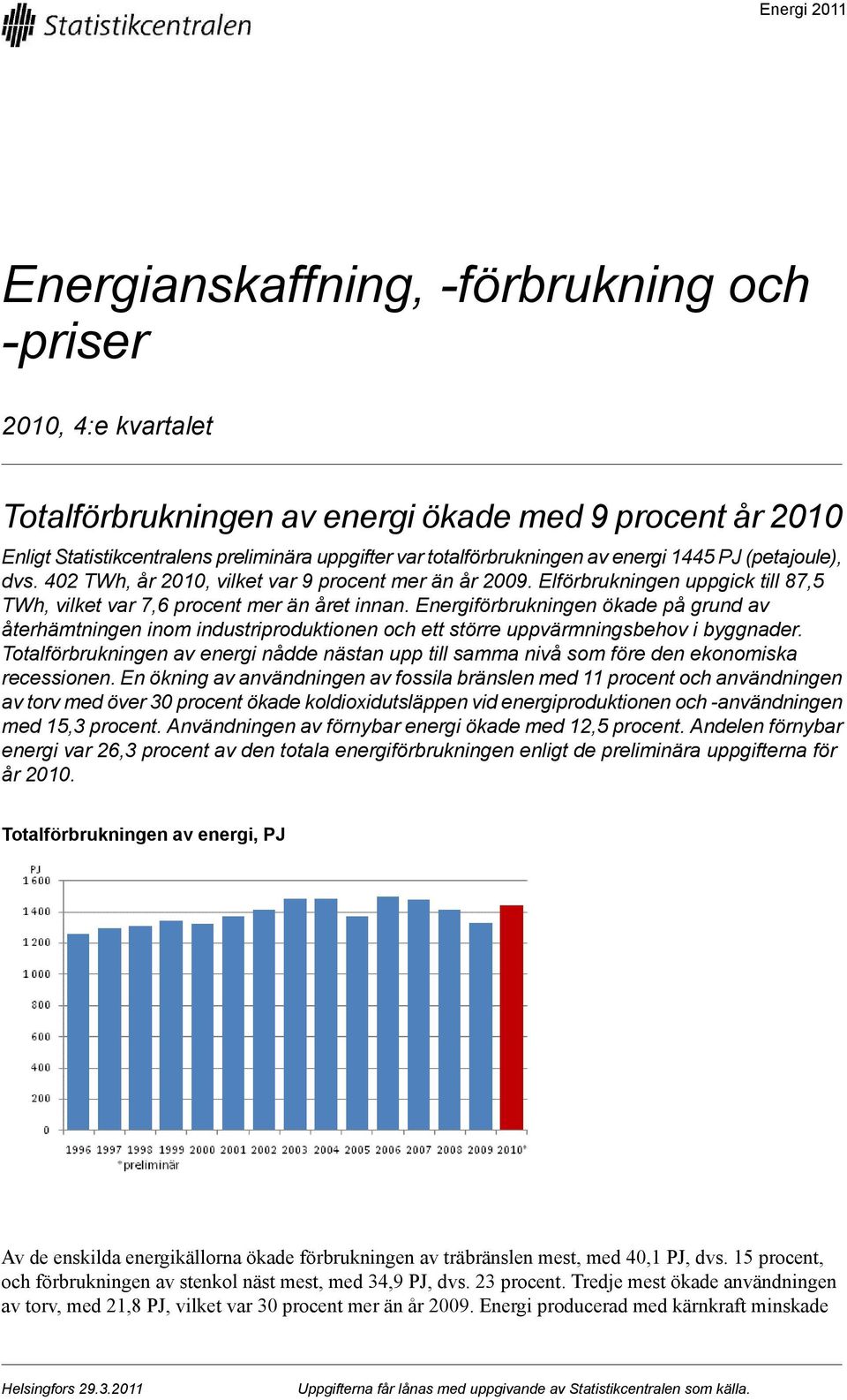 Energiförbrukningen ökade på grund av återhämtningen inom industriproduktionen och ett större uppvärmningsbehov i byggnader.