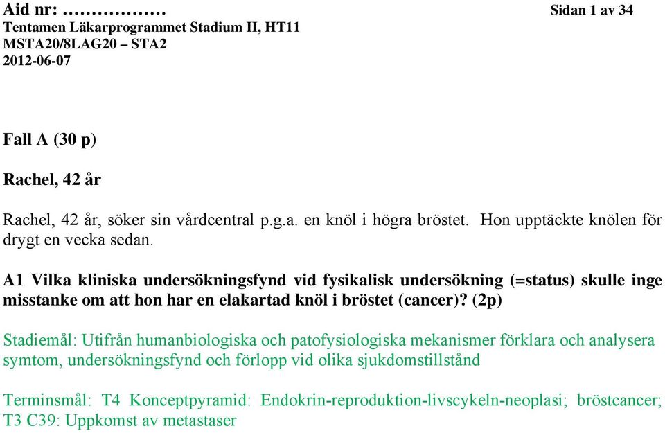 A1 Vilka kliniska undersökningsfynd vid fysikalisk undersökning (=status) skulle inge misstanke om att hon har en elakartad knöl i bröstet (cancer)?