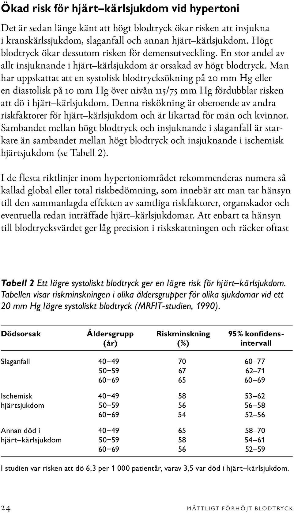 Man har uppskattat att en systolisk blodtrycksökning på 20 mm Hg eller en diastolisk på 10 mm Hg över nivån 115/75 mm Hg fördubblar risken att dö i hjärt kärlsjukdom.