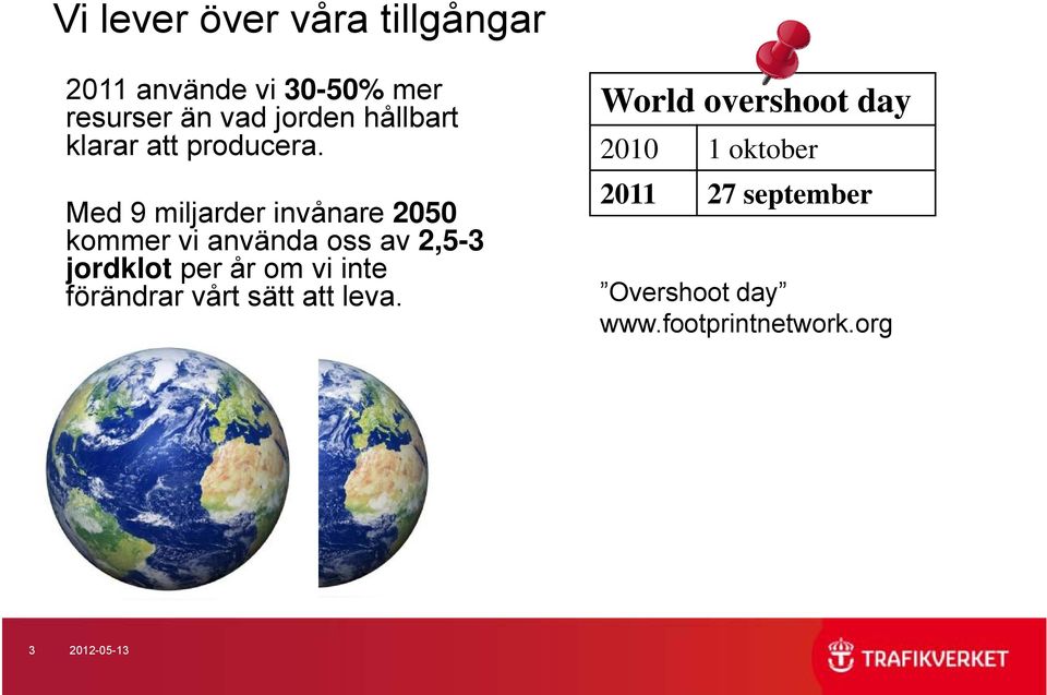 Med 9 miljarder invånare 2050 kommer vi använda oss av 2,5-3 jordklot per år om vi