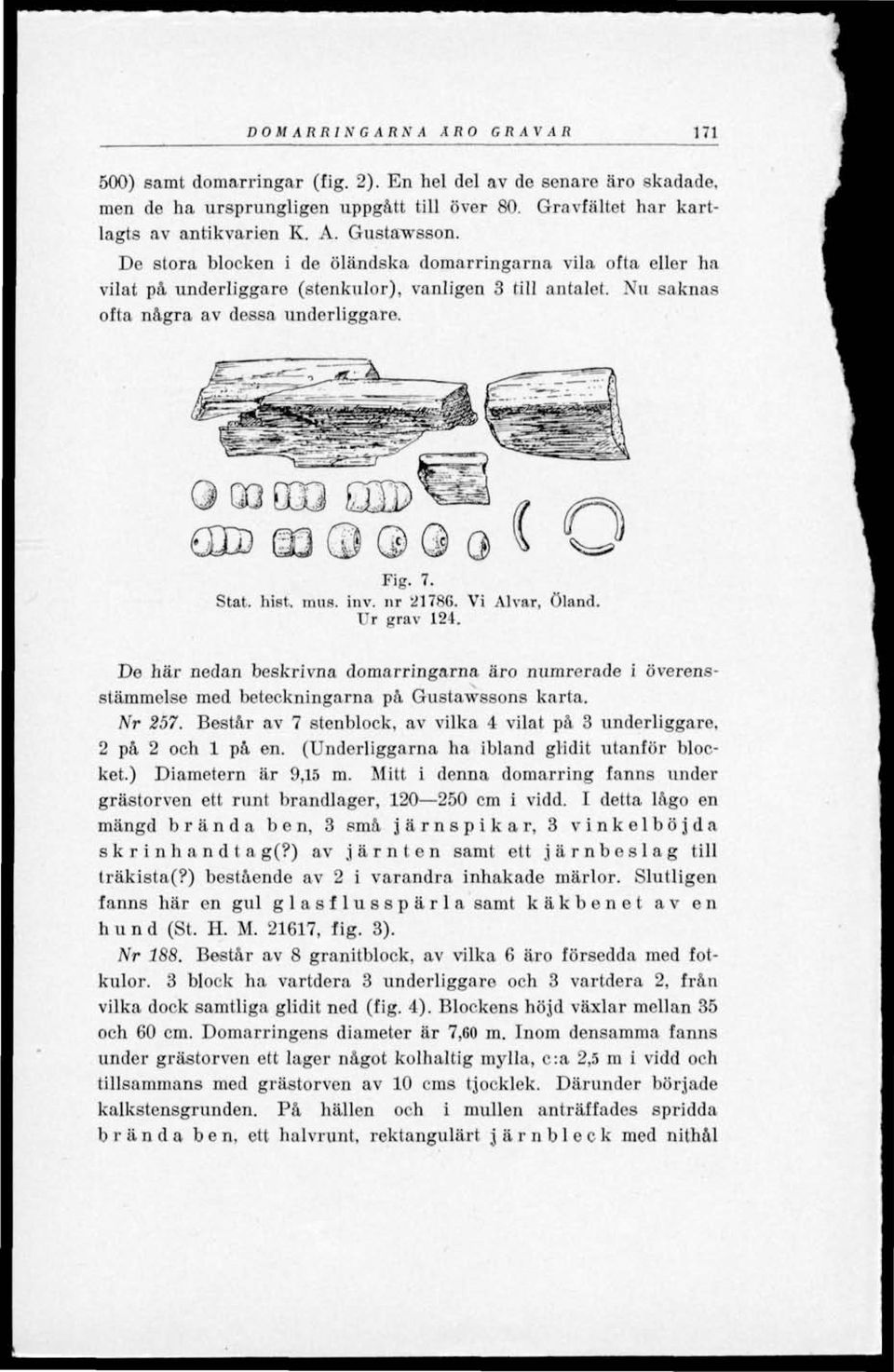 mus. inv. nr 21786. Vi Alvar, Öland. Ur grav 124. De här nedan beskrivna domarringarna äro numrerade i överensstämmelse med beteckningarna på Gustawssons karta. Nr 257.