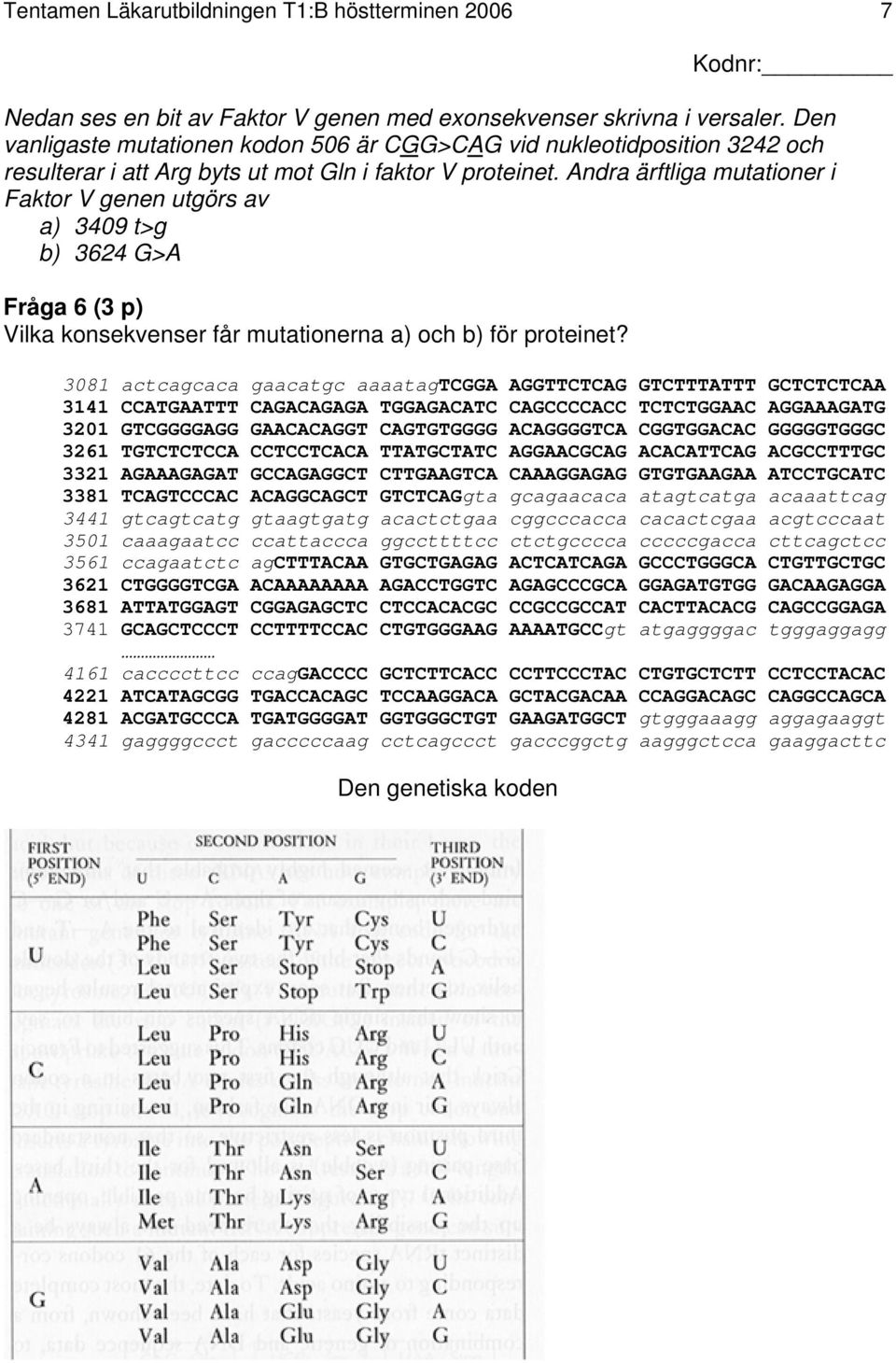 Andra ärftliga mutationer i Faktor V genen utgörs av a) 3409 t>g b) 3624 G>A Fråga 6 (3 p) Vilka konsekvenser får mutationerna a) och b) för proteinet?