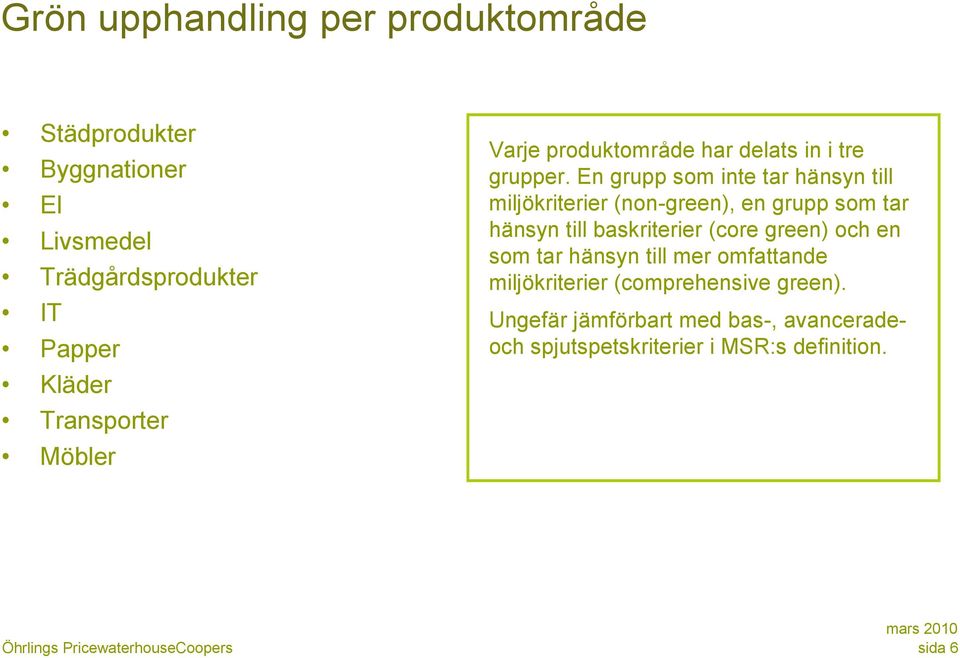 En grupp som inte tar hänsyn till miljökriterier (non-green), en grupp som tar hänsyn till baskriterier (core green)