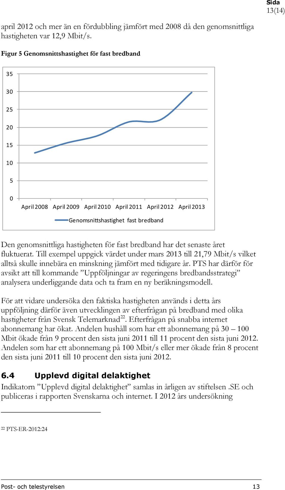 hastigheten för fast bredband har det senaste året fluktuerat. Till exempel uppgick värdet under mars 2013 till 21,79 Mbit/s vilket alltså skulle innebära en minskning jämfört med tidigare år.