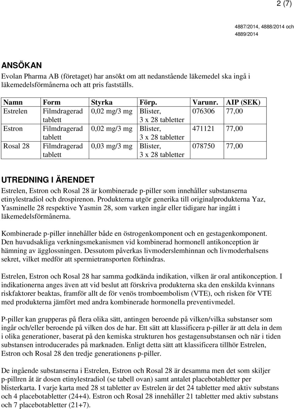 078750 77,00 UTREDNING I ÄRENDET Estrelen, Estron och Rosal 28 är kombinerade p-piller som innehåller substanserna etinylestradiol och drospirenon.