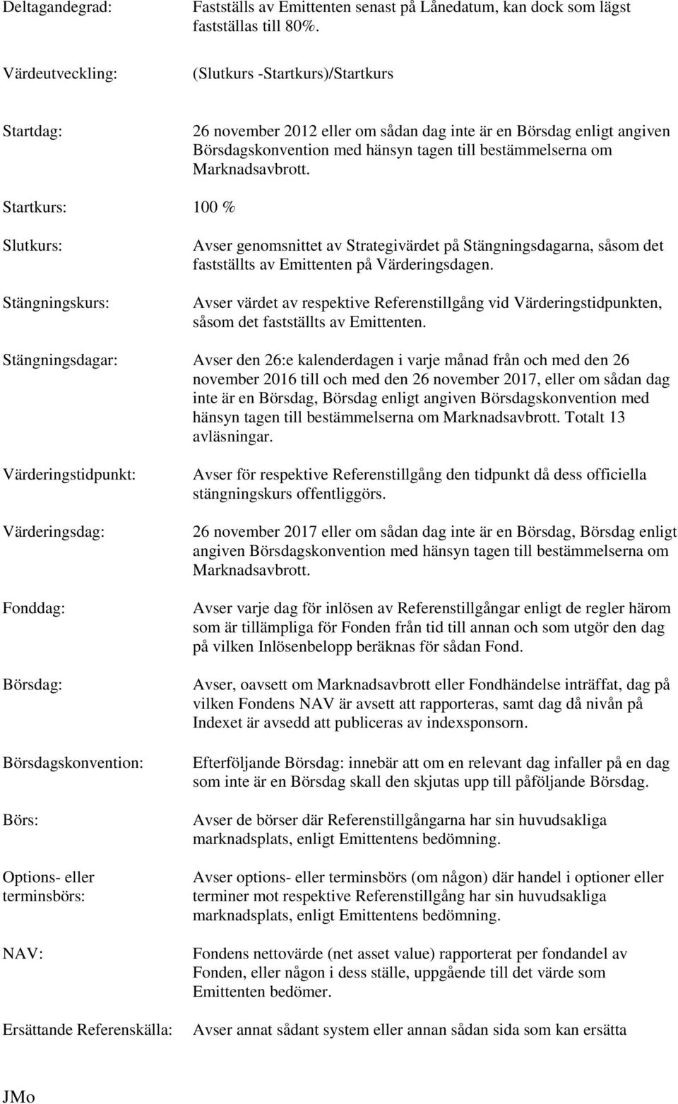 Startkurs: 100 % Slutkurs: Stängningskurs: Avser genomsnittet av Strategivärdet på Stängningsdagarna, såsom det fastställts av Emittenten på Värderingsdagen.