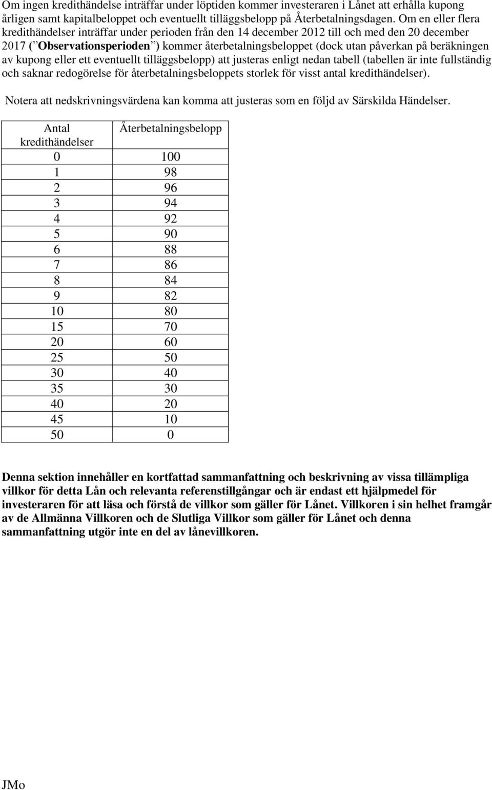 beräkningen av kupong eller ett eventuellt tilläggsbelopp) att justeras enligt nedan tabell (tabellen är inte fullständig och saknar redogörelse för återbetalningsbeloppets storlek för visst antal