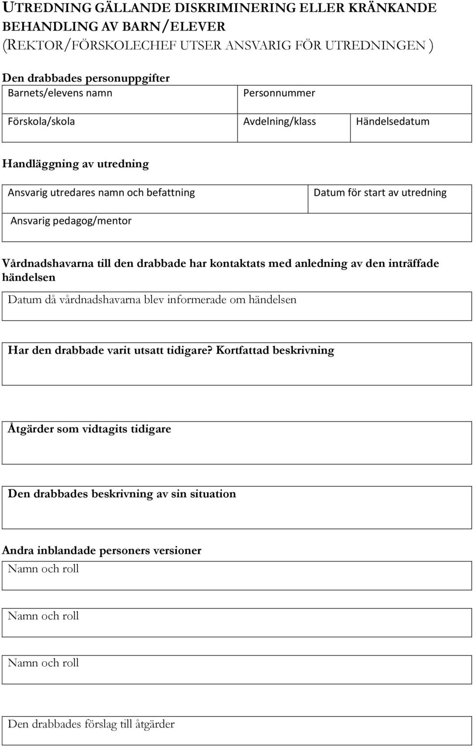 Vårdnadshavarna till den drabbade har kontaktats med anledning av den inträffade händelsen Datum då vårdnadshavarna blev informerade om händelsen Har den drabbade varit utsatt tidigare?