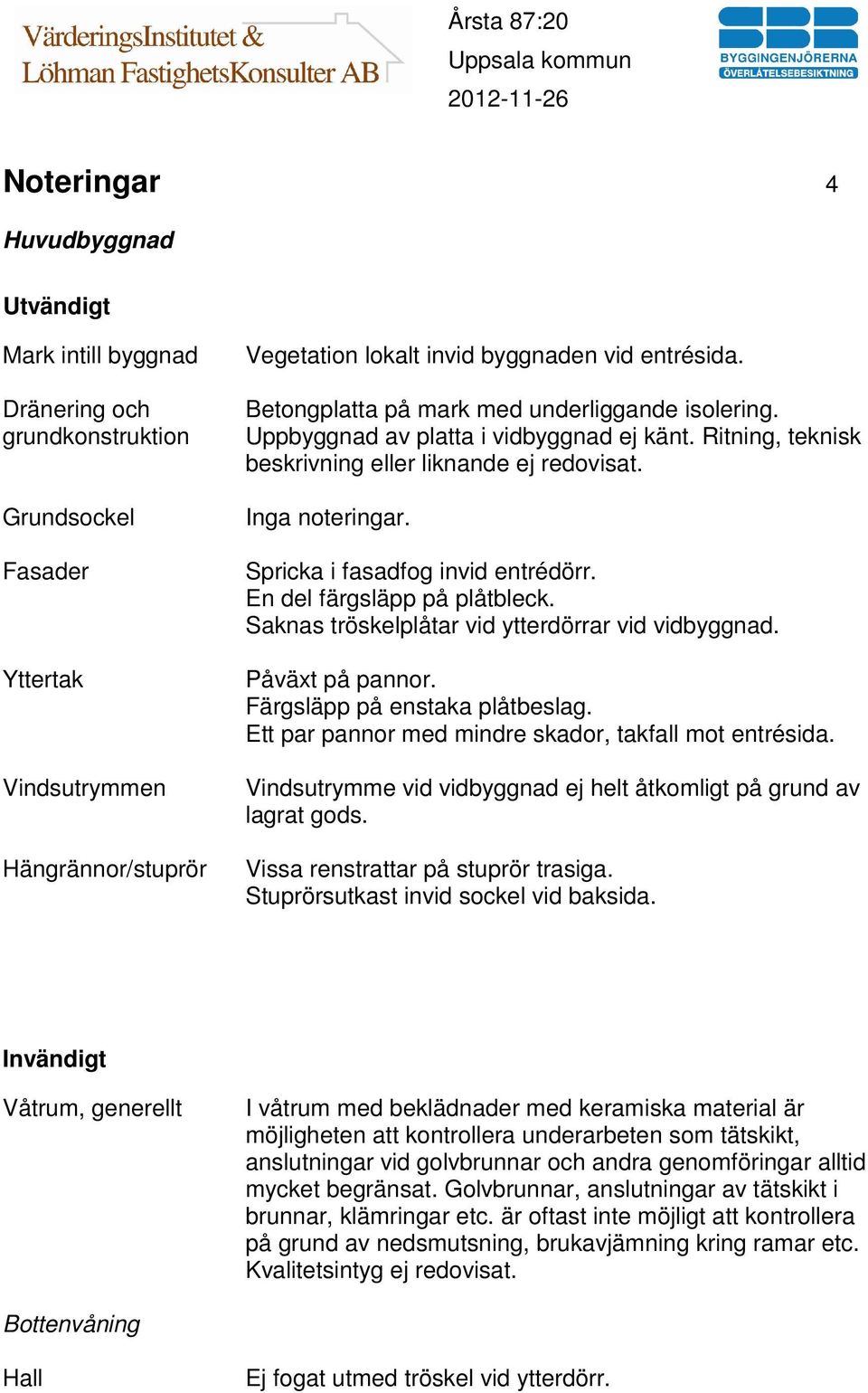 En del färgsläpp på plåtbleck. Saknas tröskelplåtar vid ytterdörrar vid vidbyggnad. Påväxt på pannor. Färgsläpp på enstaka plåtbeslag. Ett par pannor med mindre skador, takfall mot entrésida.