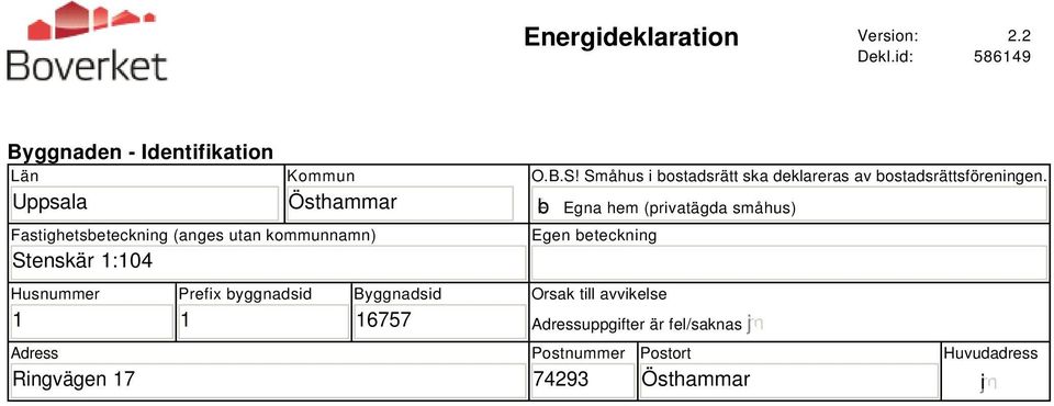 Stenskär 1:104 Husnummer 1 Adress Ringvägen 17 Prefix byggnadsid 1 Byggnadsid 16757 O.B.S! Småhus i bostadsrätt ska deklareras av bostadsrättsföreningen.