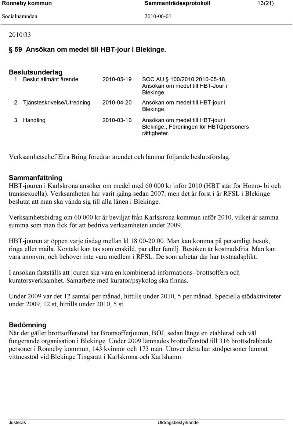 3 Handling 2010-03-10 Ansökan om medel till HBT-jour i Blekinge., Föreningen för HBTQpersoners rättigheter.