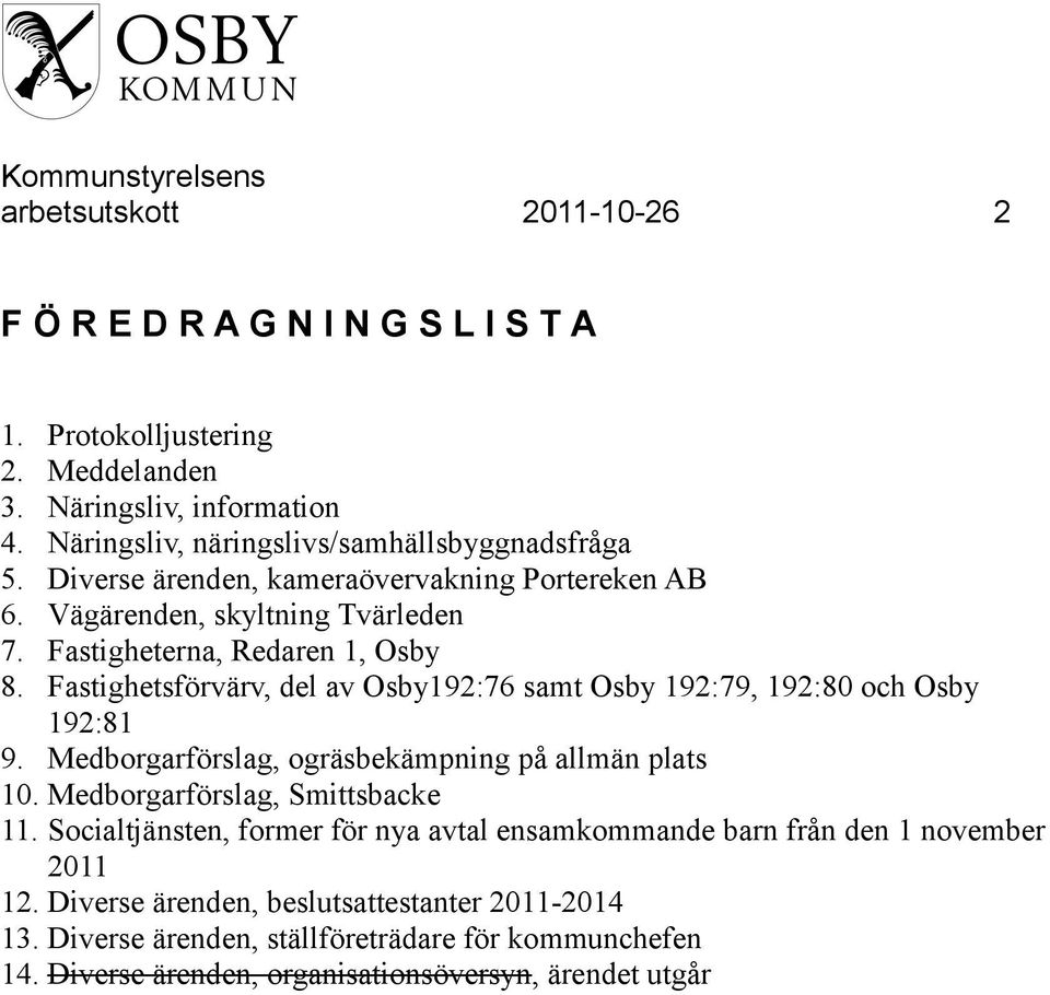 Fastighetsförvärv, del av Osby192:76 samt Osby 192:79, 192:80 och Osby 192:81 9. Medborgarförslag, ogräsbekämpning på allmän plats 10. Medborgarförslag, Smittsbacke 11.
