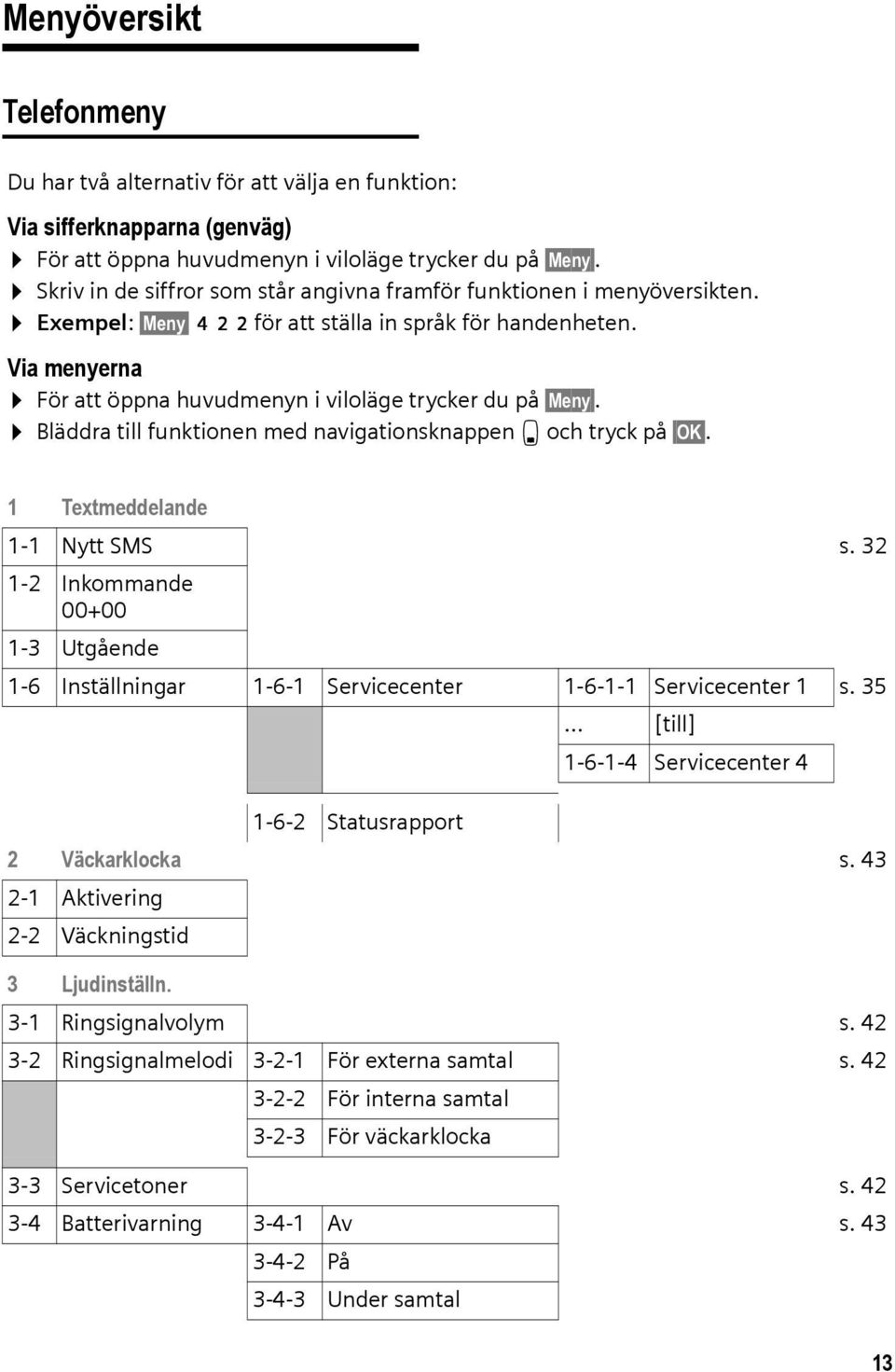 Via menyerna För att öppna huvudmenyn i viloläge trycker du på Meny. Bläddra till funktionen med navigationsknappen s och tryck på OK. 1 Textmeddelande 1-1 Nytt SMS s.