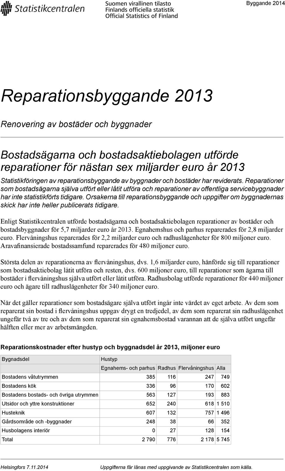 Reparationer som bostadsägarna själva utfört eller låtit utföra och reparationer av offentliga servicebyggnader har inte statistikförts tidigare.