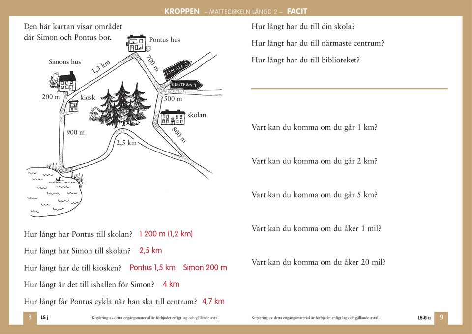 Vart kan du koa om du går 5 km? Hur långt har Pontus till skolan? 1 200 m (1,2 km) Vart kan du koa om du åker 1 mil? Hur långt har Simon till skolan?