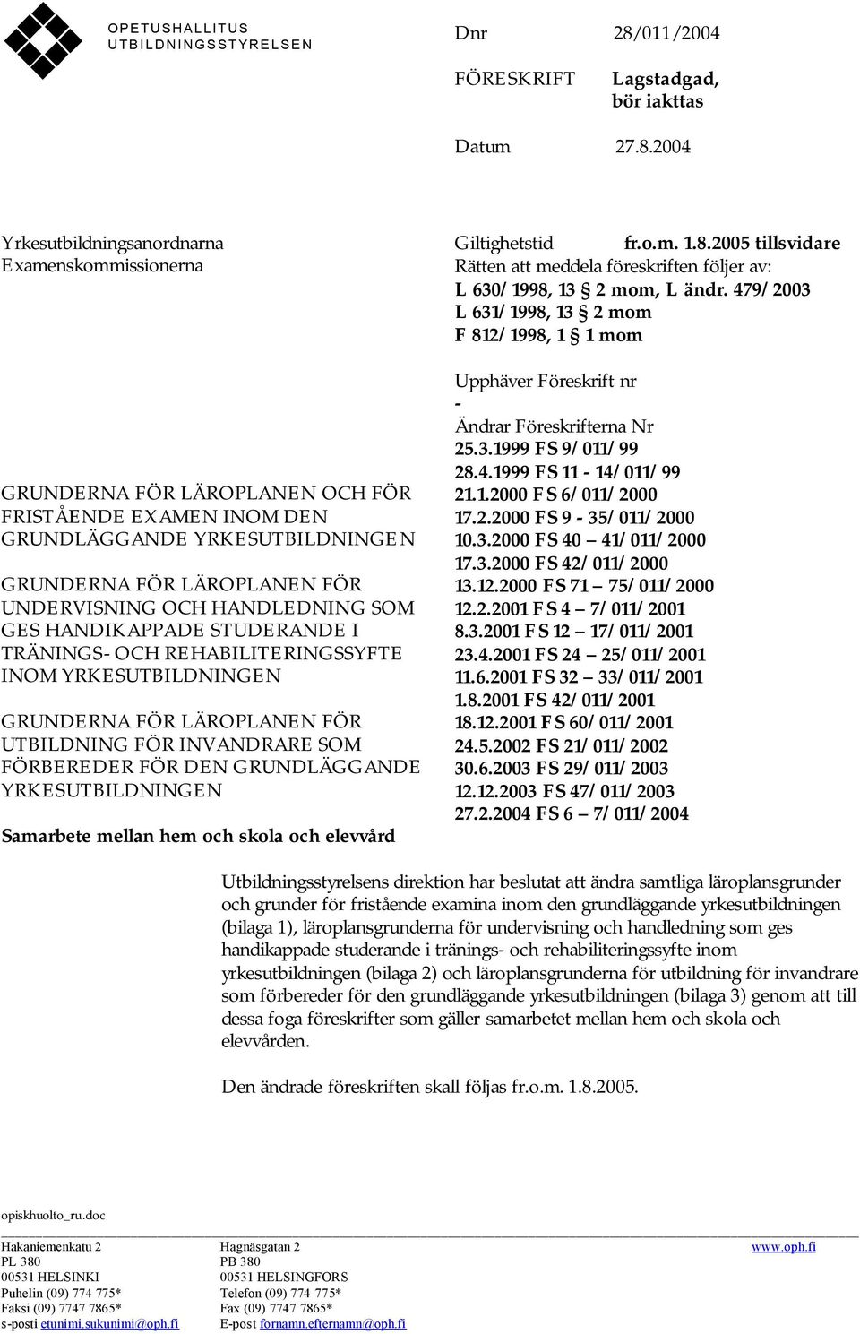 2004 Yrkesutbildningsanordnarna Examenskommissionerna GRUNDERNA FÖR LÄROPLANEN OCH FÖR FRISTÅENDE EXAMEN INOM DEN GRUNDLÄGGANDE YRKESUTBILDNINGEN GRUNDERNA FÖR LÄROPLANEN FÖR UNDERVISNING OCH