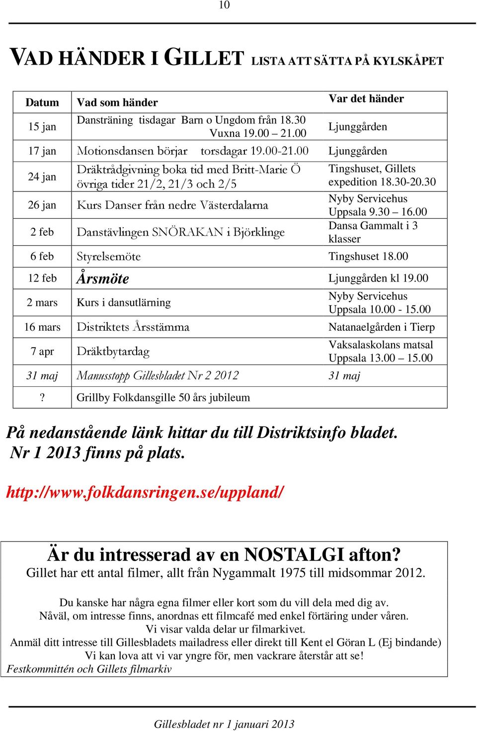 00 Ljunggården 24 jan Dräktrådgivning boka tid med Britt-Marie Ö övriga tider 21/2, 21/3 och 2/5 26 jan Kurs Danser från nedre Västerdalarna 2 feb Danstävlingen SNÖRAKAN i Björklinge Tingshuset,
