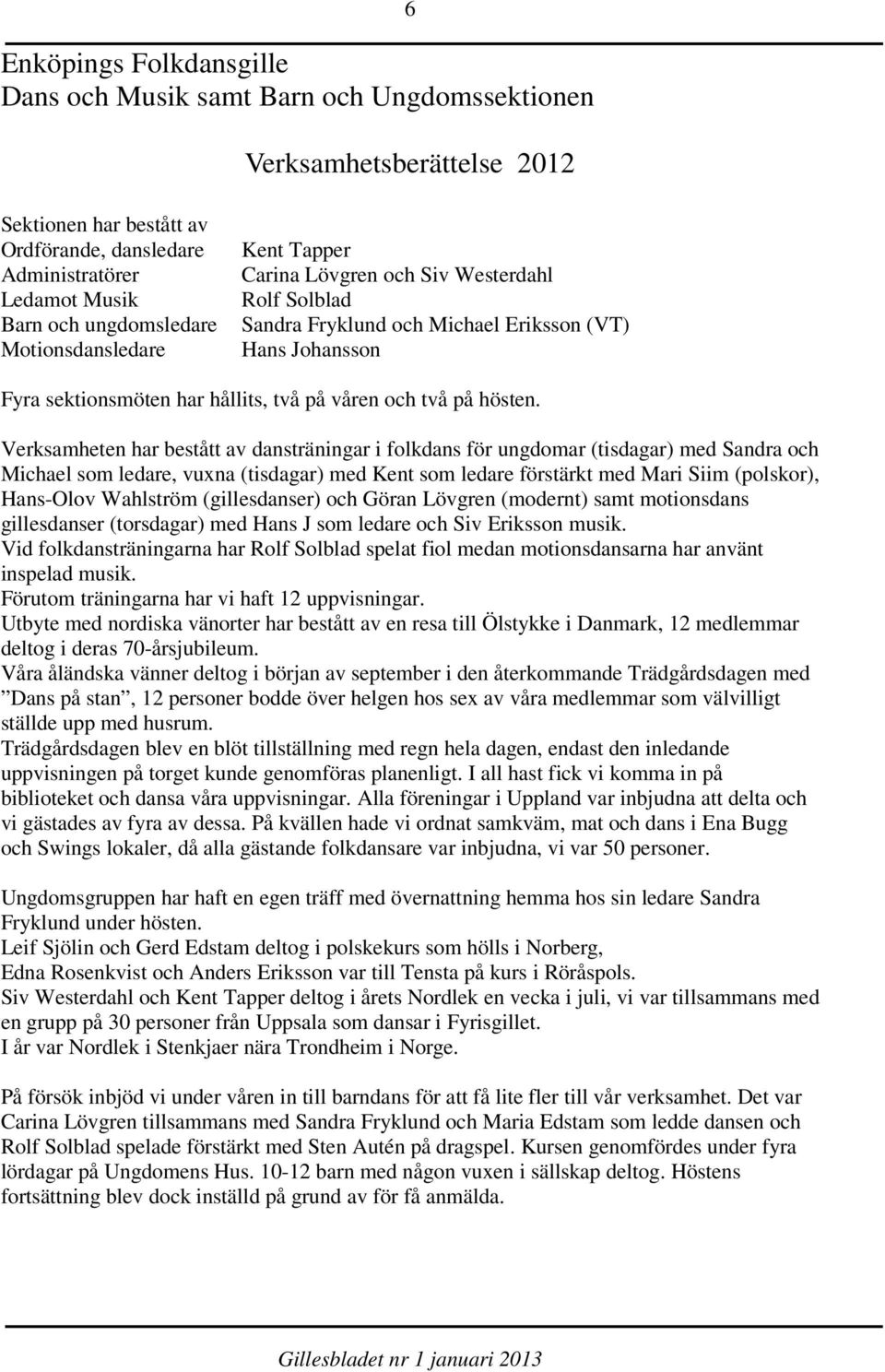 Verksamheten har bestått av dansträningar i folkdans för ungdomar (tisdagar) med Sandra och Michael som ledare, vuxna (tisdagar) med Kent som ledare förstärkt med Mari Siim (polskor), Hans-Olov