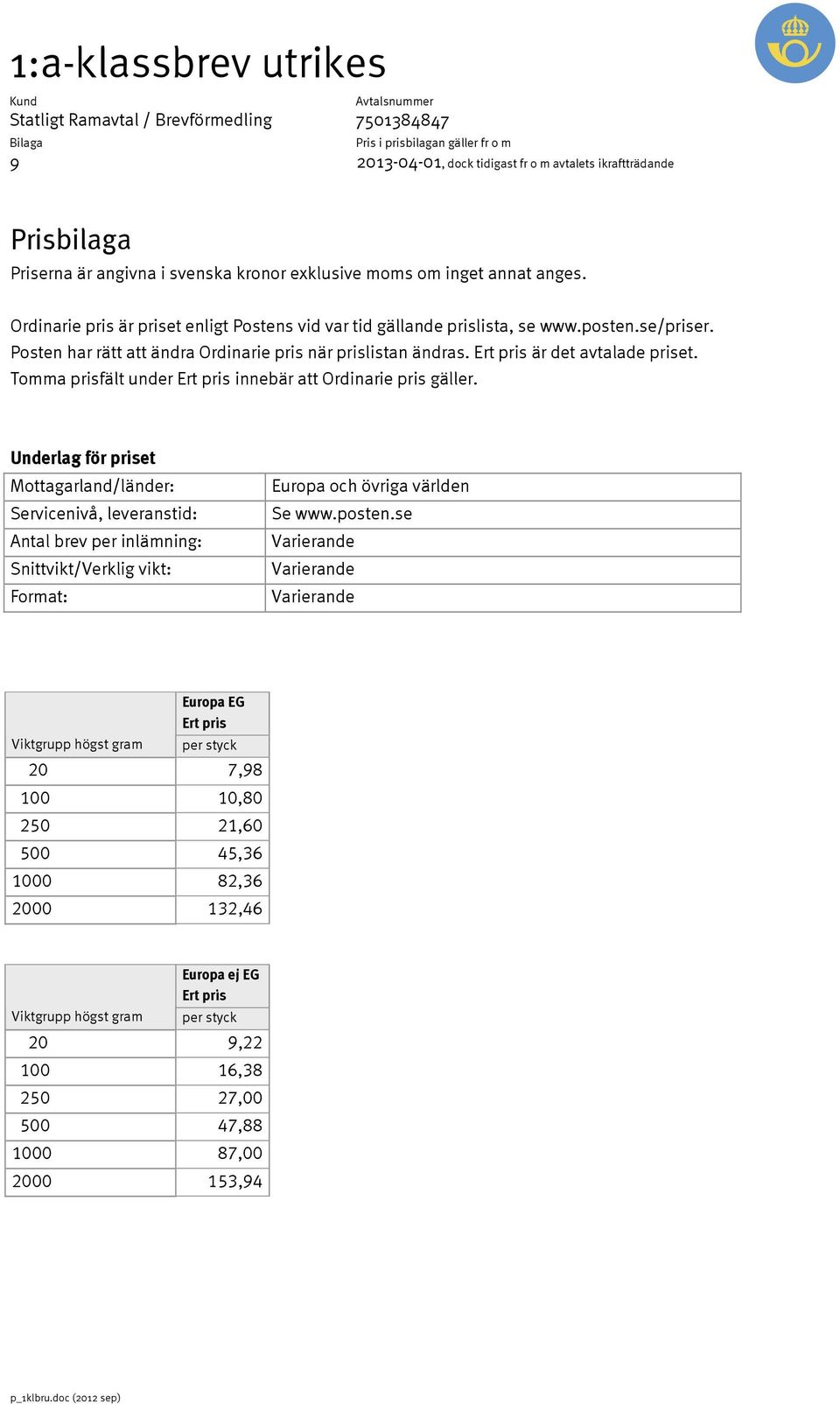 Underlag för priset Mottagarland/länder: Servicenivå, leveranstid: Antal brev per inlämning: Snittvikt/Verklig vikt: Format: Europa och övriga världen Se www.posten.
