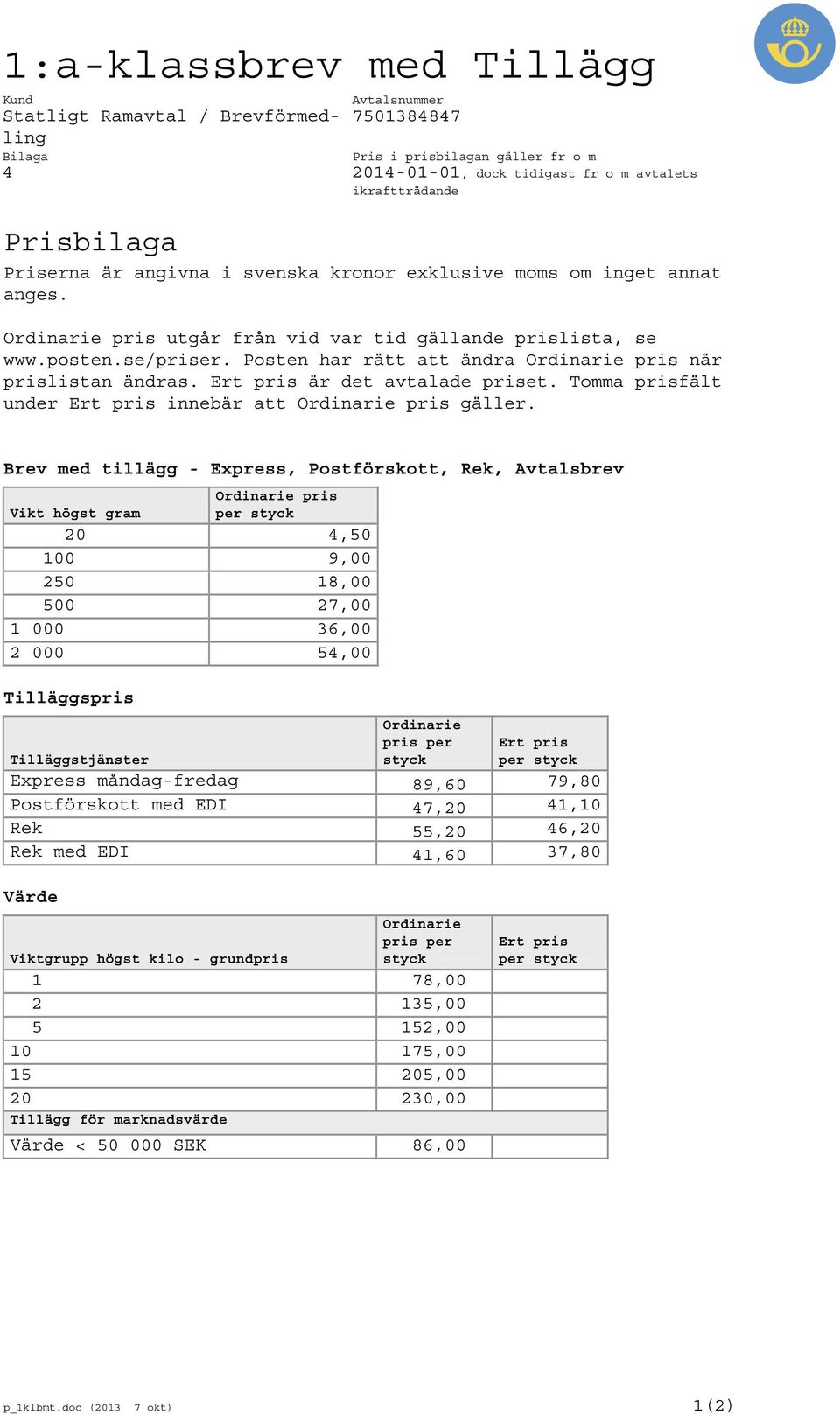 Brev med tillägg - Express, Postförskott, Rek, Avtalsbrev Vikt högst gram per styck 20 4,50 100 9,00 250 18,00 500 27,00 1 000 36,00 2 000 54,00 Tilläggspris Tilläggstjänster Ordinarie pris per styck