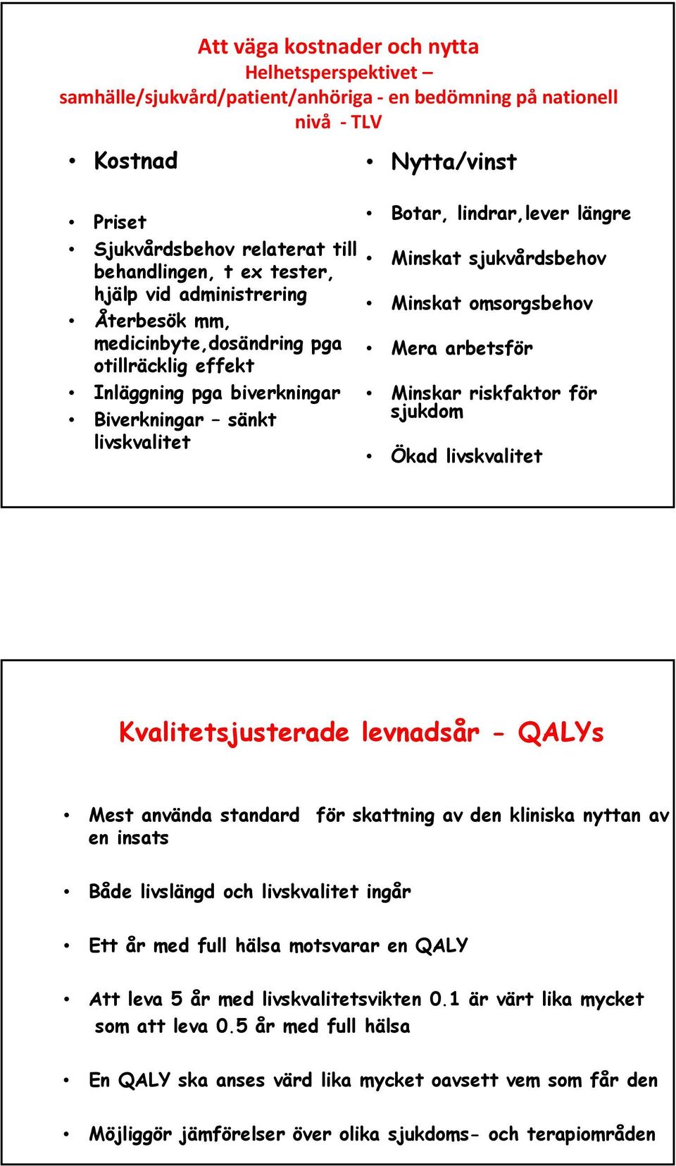 sjukvårdsbehov Minskat omsorgsbehov Mera arbetsför Minskar riskfaktor för sjukdom Ökad livskvalitet Kvalitetsjusterade levnadsår - QALYs Mest använda standard för skattning av den kliniska nyttan av