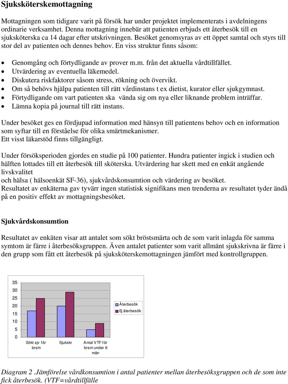 Besöket genomsyras av ett öppet samtal och styrs till stor del av patienten och dennes behov. En viss struktur finns såsom: Genomgång och förtydligande av prover m.m. från det aktuella vårdtillfället.