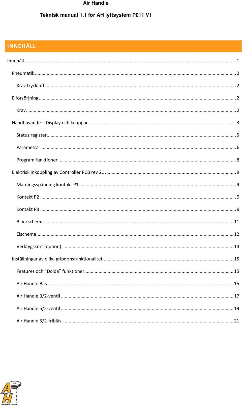 .. 9 Kontakt P2... 9 Kontakt P3... 9 Blockschema... 11 Elschema... 12 Verktygskort (option)... 14 Inställningar av olika gripdonsfunktionalitet.