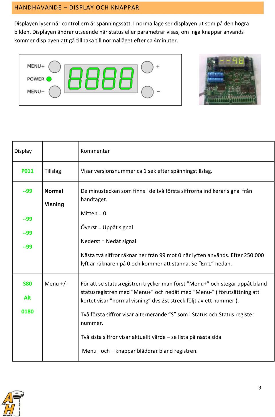 Display Kommentar P011 Tillslag Visar versionsnummer ca 1 sek efter spänningstillslag.