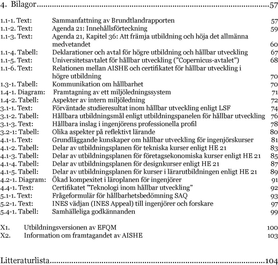 Text: Universitetsavtalet för hållbar utveckling ( Copernicus-avtalet ) 68 1.1-6. Text: Relationen mellan AISHE och certifikatet för hållbar utveckling i högre utbildning 70 1.3-1.