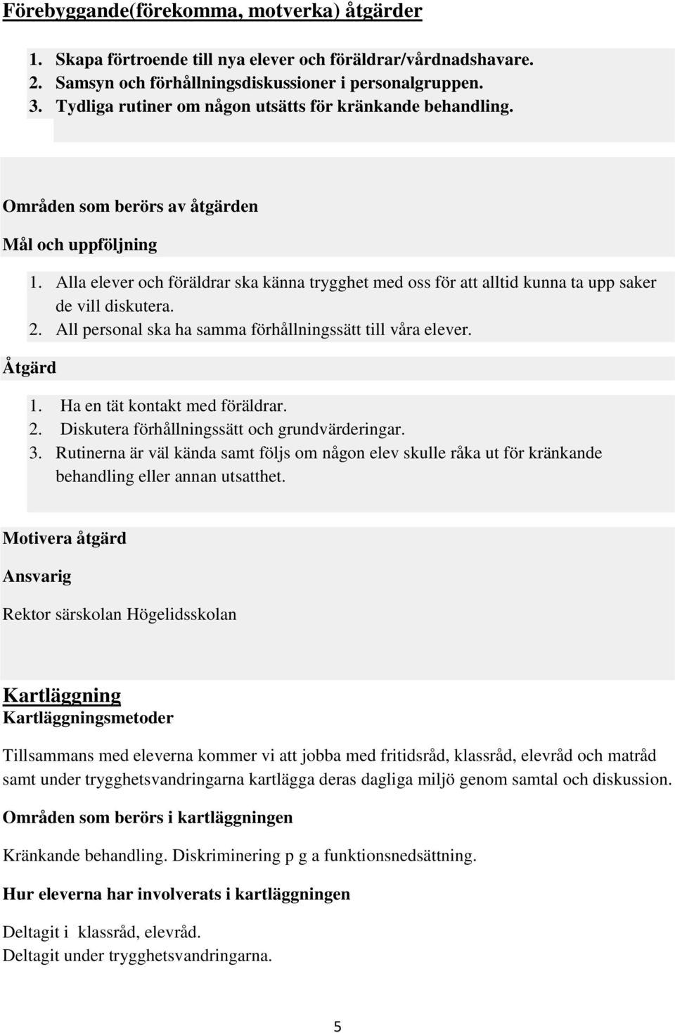 Alla elever och föräldrar ska känna trygghet med oss för att alltid kunna ta upp saker de vill diskutera. 2. All personal ska ha samma förhållningssätt till våra elever. Åtgärd 1.