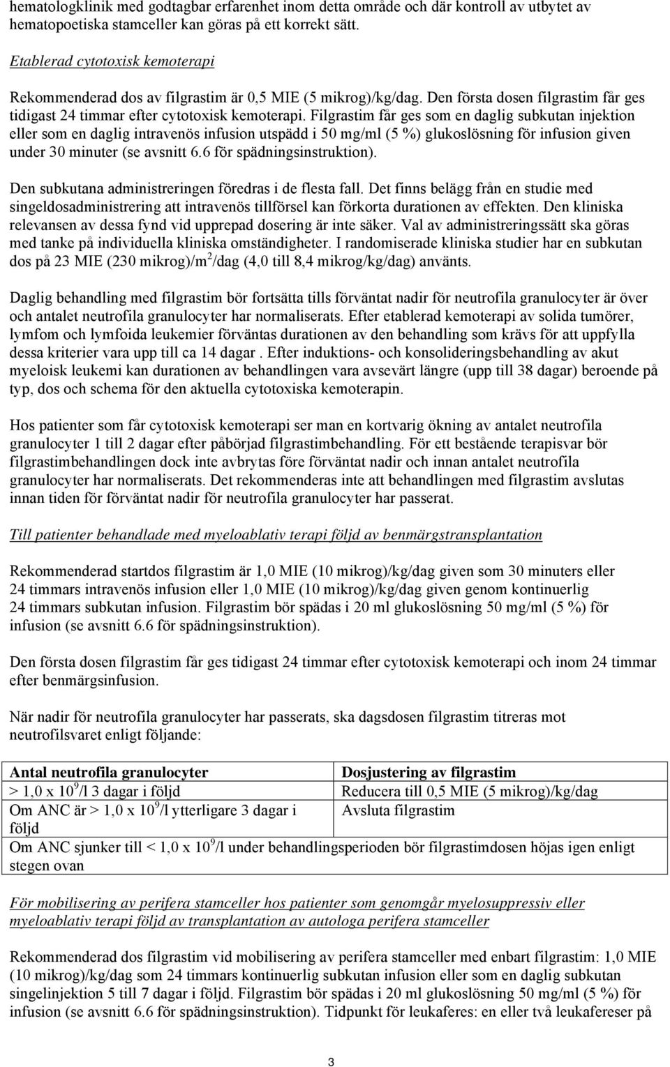 Filgrastim får ges som en daglig subkutan injektion eller som en daglig intravenös infusion utspädd i 50 mg/ml (5 %) glukoslösning för infusion given under 30 minuter (se avsnitt 6.