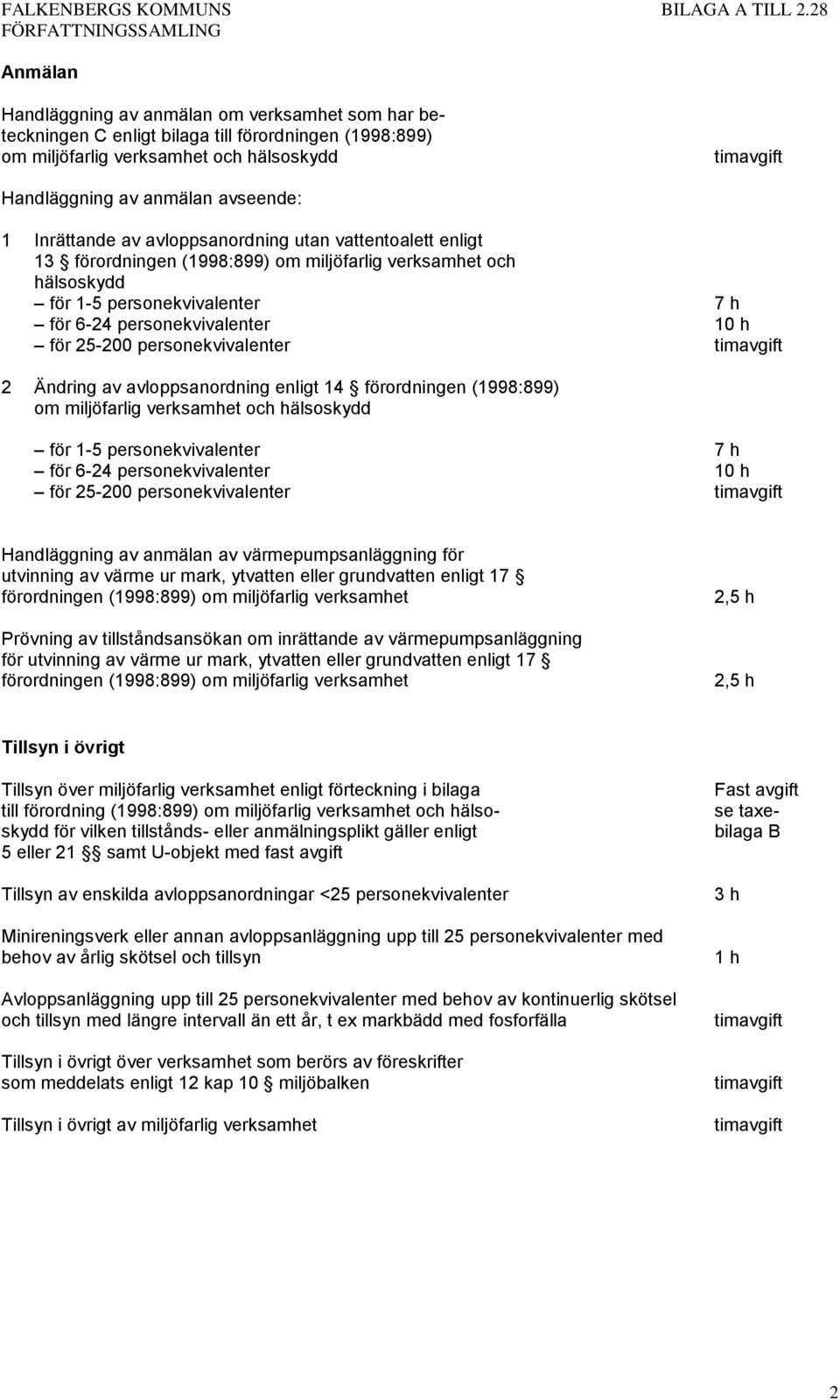 personekvivalenter 2 Ändring av avloppsanordning enligt 14 förordningen (1998:899) om miljöfarlig verksamhet och hälsoskydd för 1-5 personekvivalenter 7 h för 6-24 personekvivalenter 10 h för 25-200