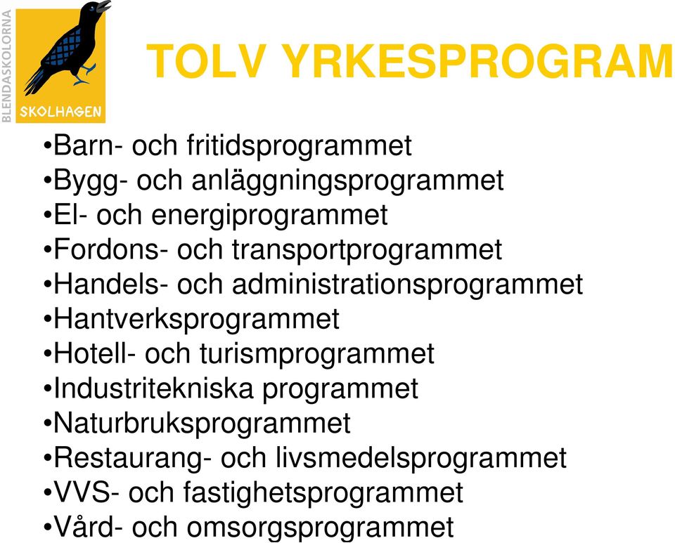 Hantverksprogrammet Hotell- och turismprogrammet Industritekniska programmet