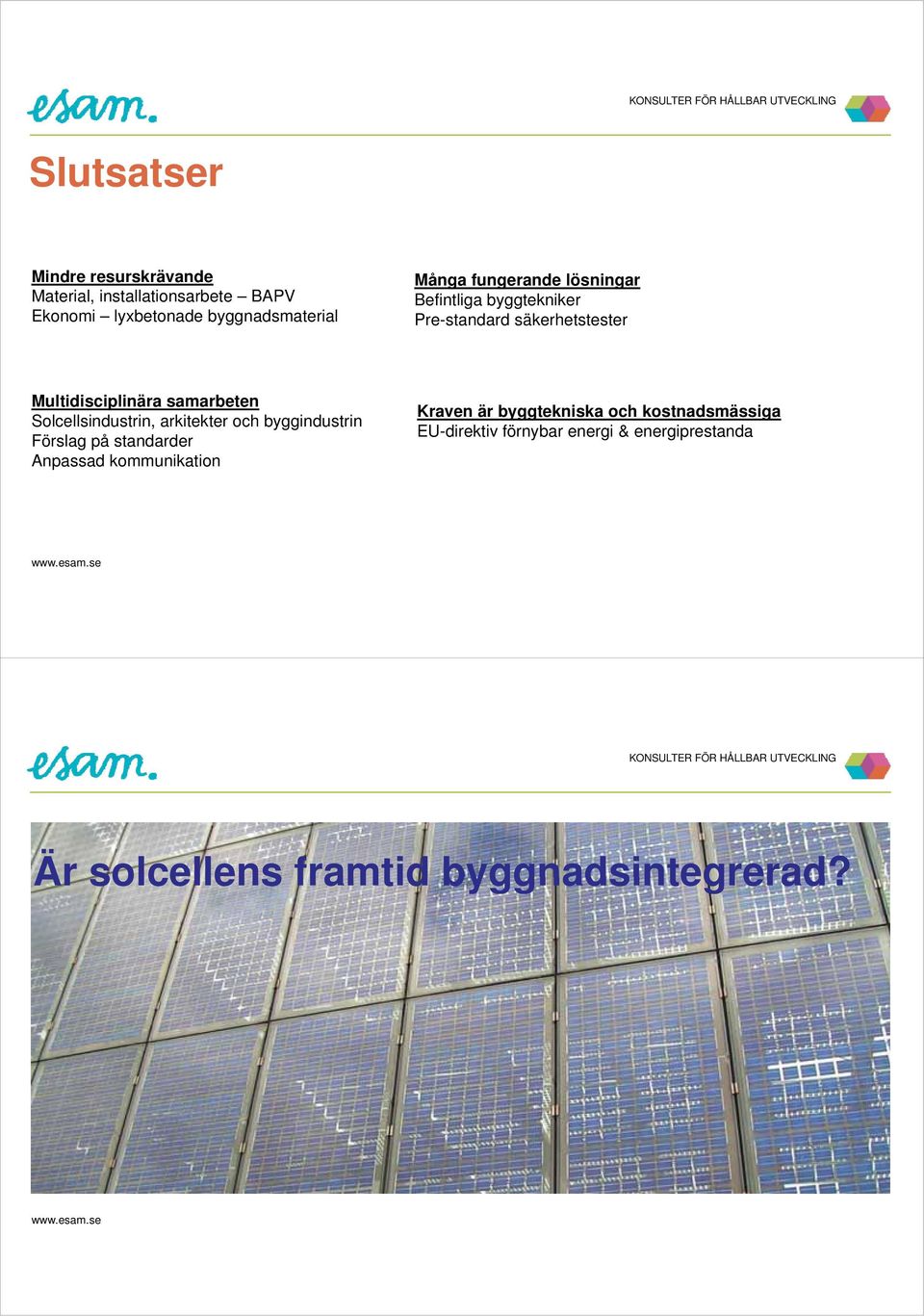 Solcellsindustrin, arkitekter och byggindustrin Förslag på standarder Anpassad kommunikation Kraven är