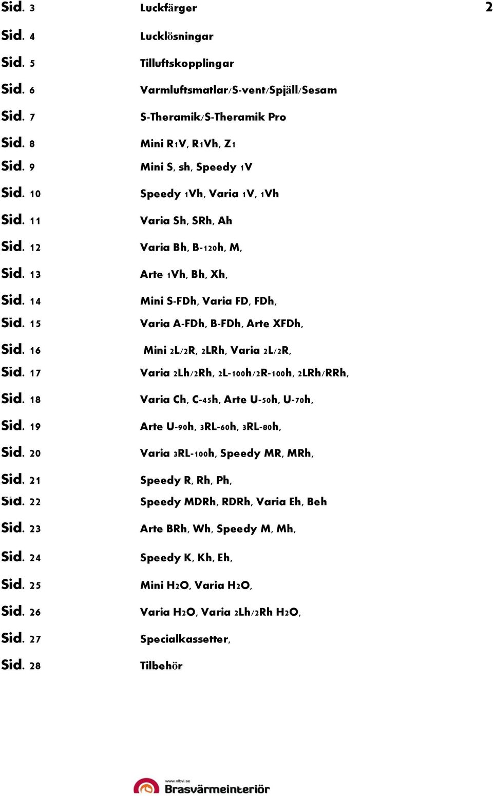12 Bh, B-120h, M, Sid. 13 Sid. 14 Sid. 15 Arte 1Vh, Bh, Xh, Mini S-FDh, FD, FDh, A-FDh, B-FDh, Arte XFDh, Sid. 16 Mini 2L/2R, 2LRh, 2L/2R, Sid. 17 2Lh/2Rh, 2L-100h/2R-100h, 2LRh/RRh, Sid.