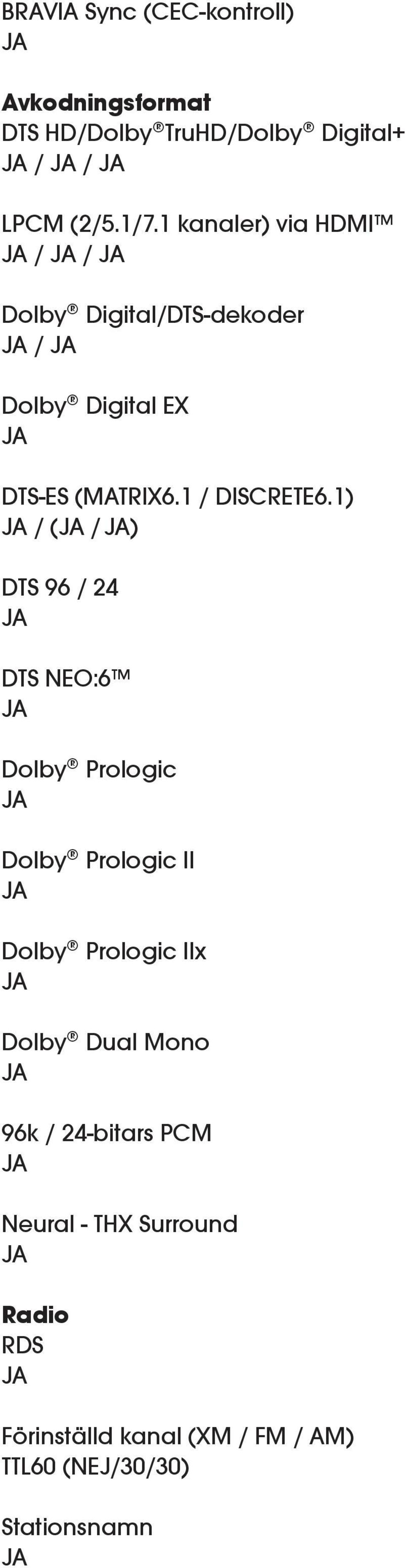 1) / ( / ) DTS 96 / 24 DTS NEO:6 Dolby Prologic Dolby Prologic II Dolby Prologic IIx Dolby Dual Mono