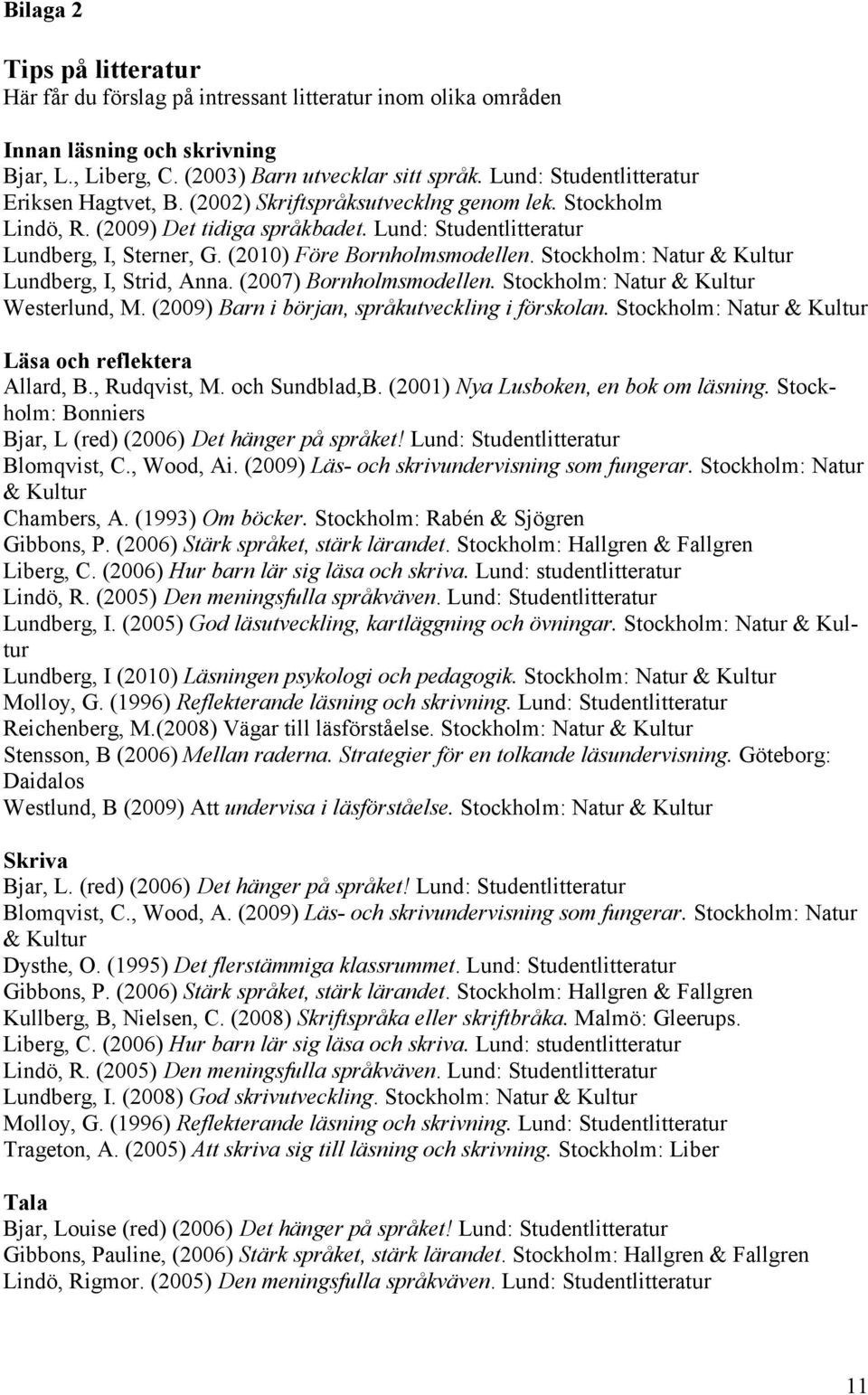(2010) Före Bornholmsmodellen. Stockholm: Natur & Kultur Lundberg, I, Strid, Anna. (2007) Bornholmsmodellen. Stockholm: Natur & Kultur Westerlund, M. (2009) Barn i början, språkutveckling i förskolan.
