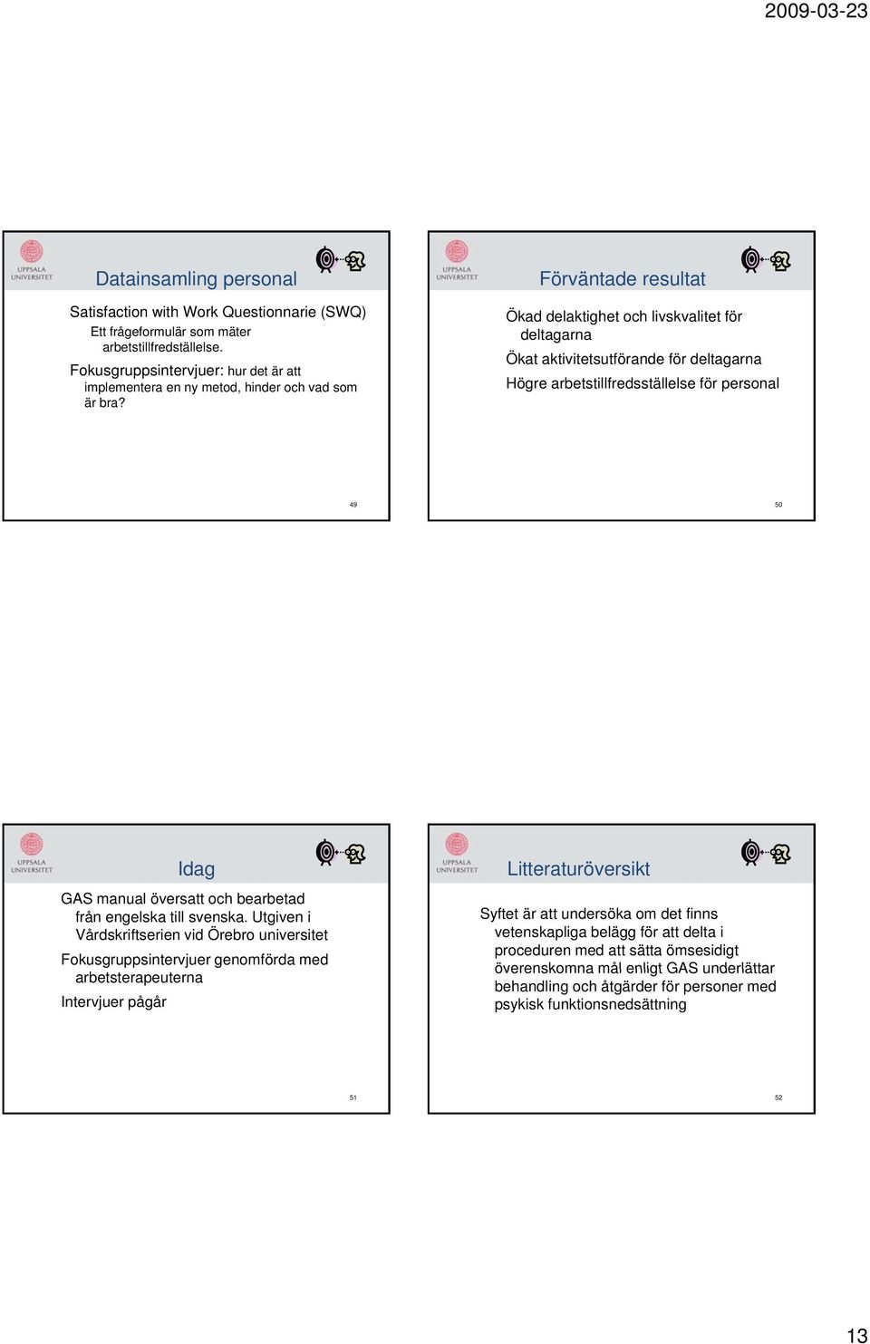 Förväntade resultat Ökad delaktighet och livskvalitet för deltagarna Ökat aktivitetsutförande för deltagarna Högre arbetstillfredsställelse för personal 49 50 Idag GAS manual översatt och bearbetad